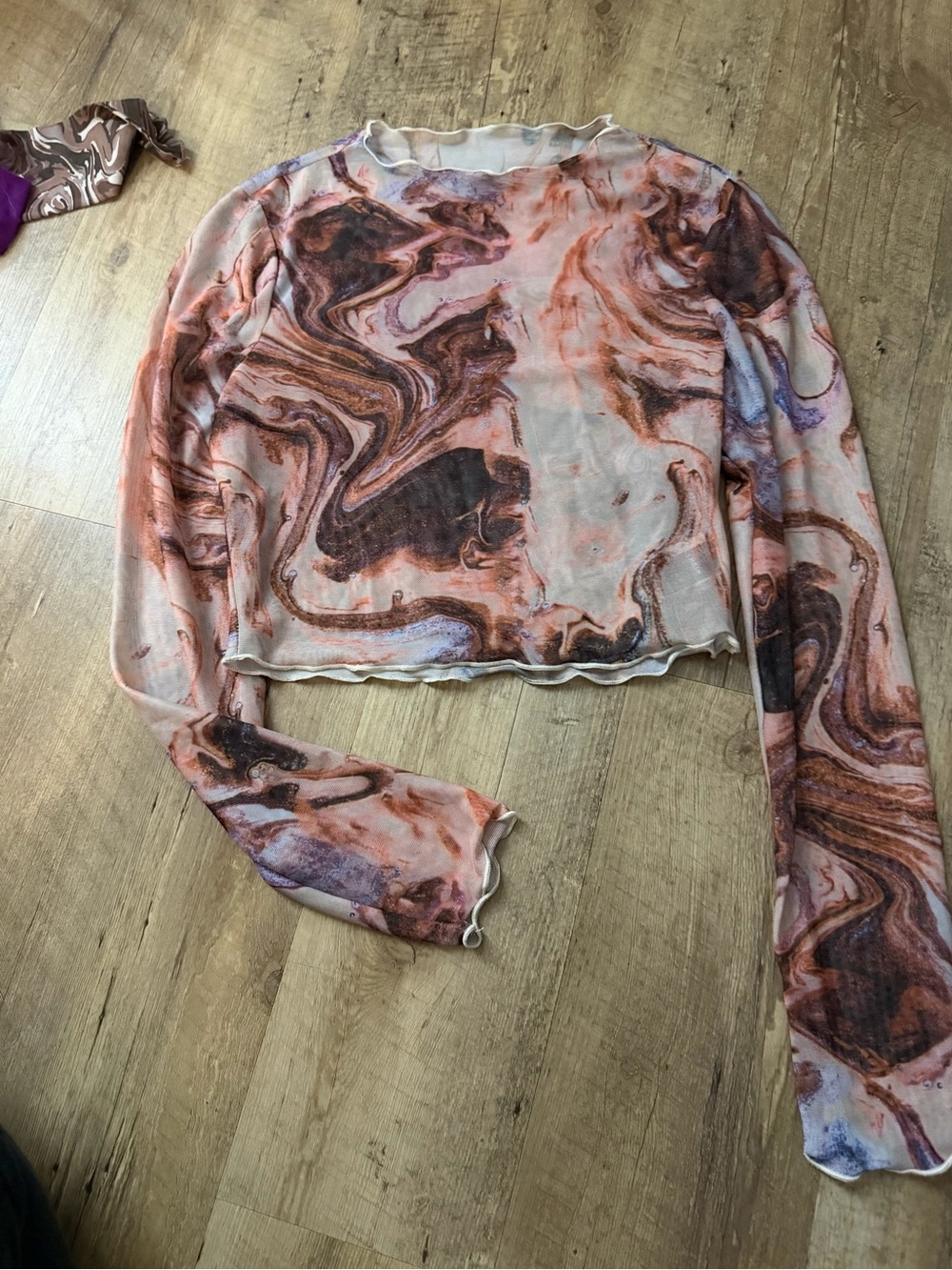 SHEIN Marble-Swirl Sheer Long Sleeve Crop Top - Pink, Brown, Lavender